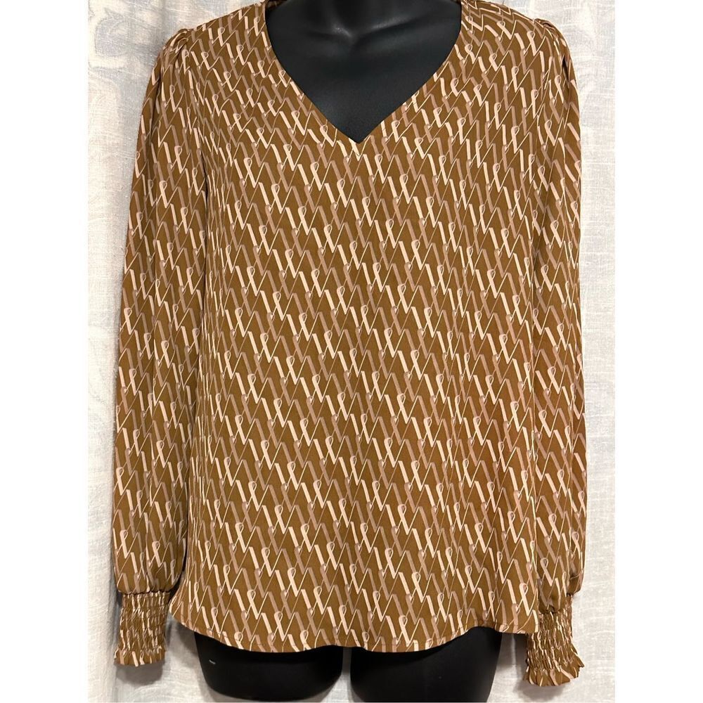 NEW WITH TAGS Worthington Women Tunic Brown Top W Logo‎ Long Sleeve Popover Size